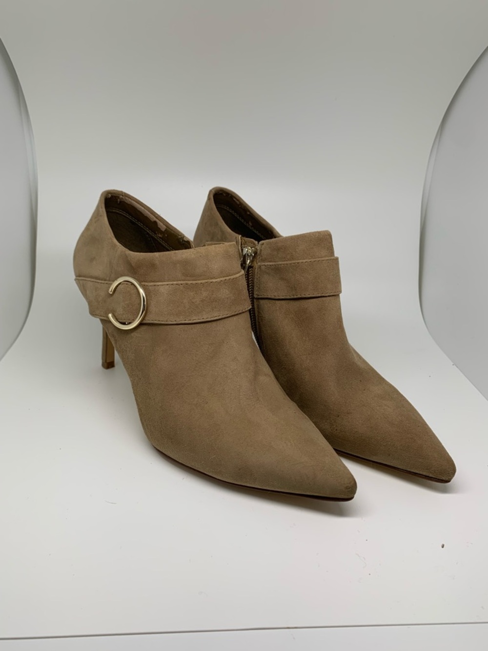 Nine West Taupe Suede Pointed-Toe Ankle Booties with Buckle